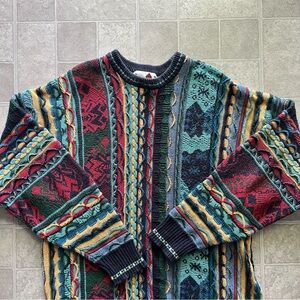 Vintage 90s Coogi-inspired multi-coloured geometric Cosby 3D knit sweater